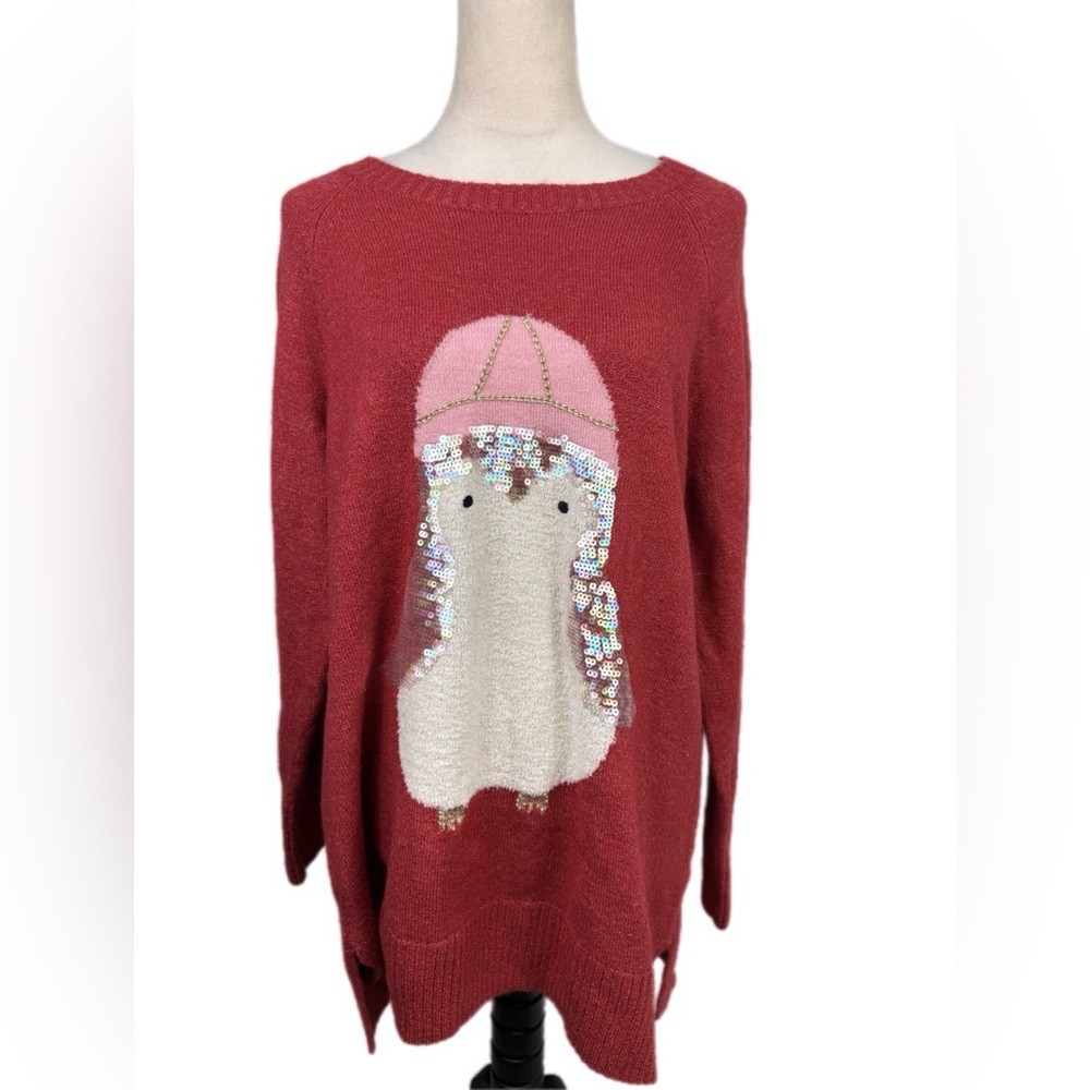 NWT LC Lauren Conrad Muted Red Sweater with sparkle penguin Design